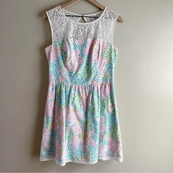 Lilly Pulitzer Morrison Lace Overlay Sleeveless Dress Cutout Back Pink Blue Sz 8 - Picture 2 of 14